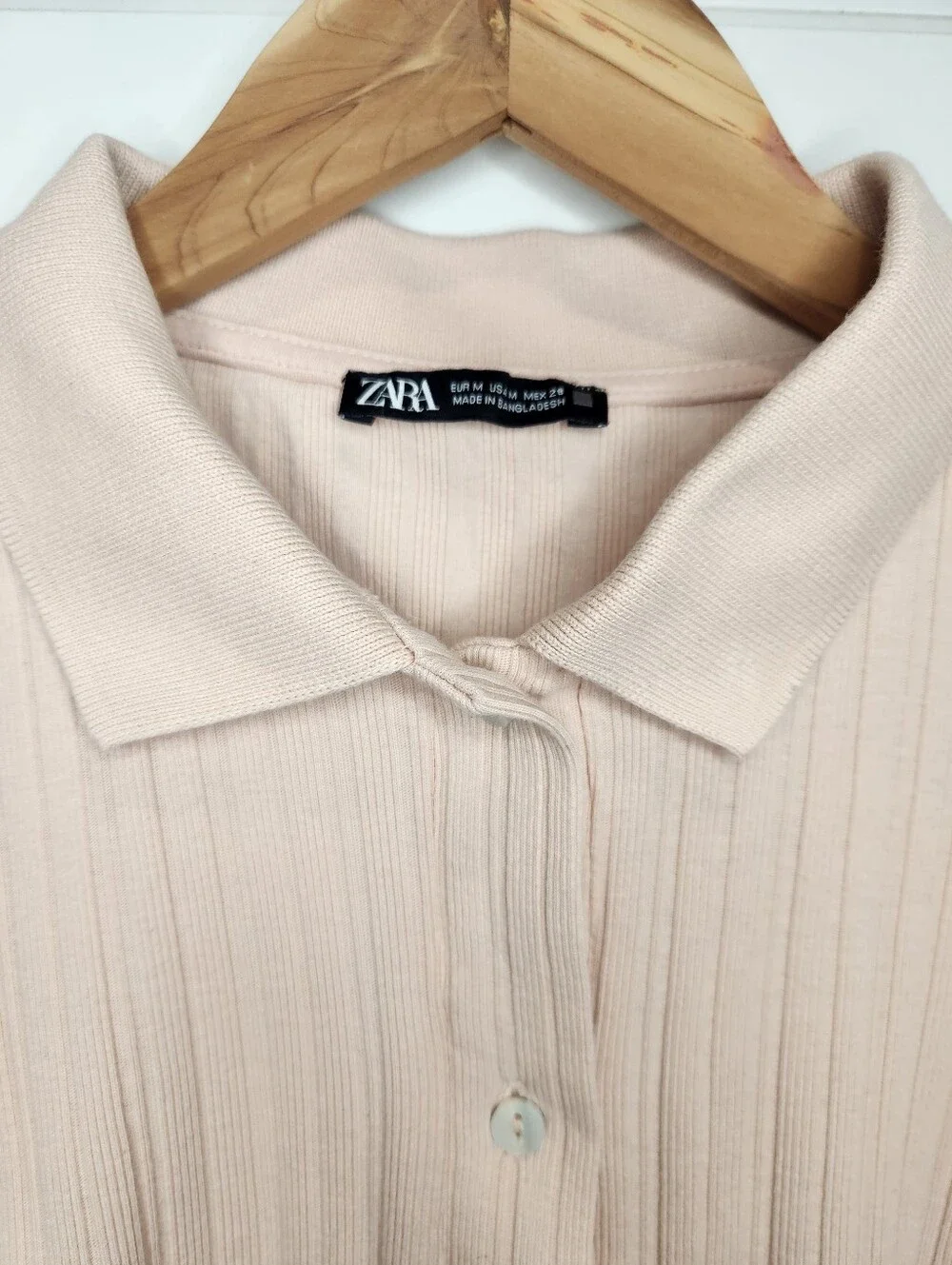 Sz M Zara 100% Cotton Blush Ribbed Polo Button-Down Top - Picture 3 of 6